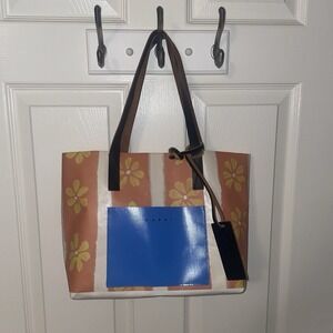 Marni Orange Blue Floral Print PVC Tote Bag Shopping Handbag Purse